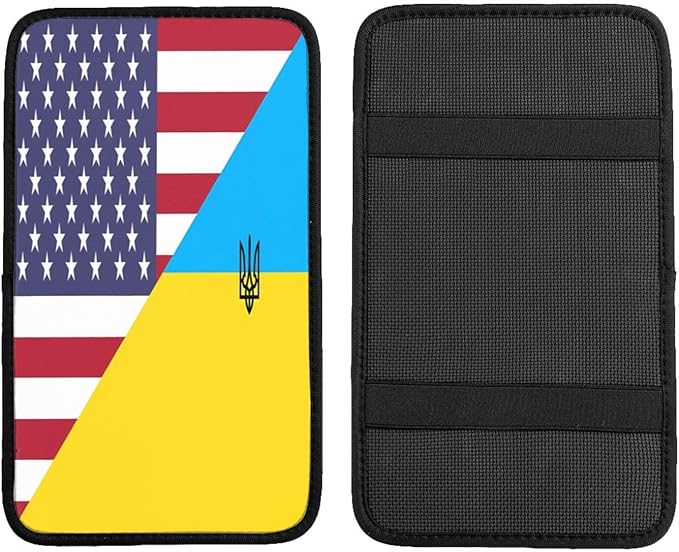 Ukraine Ukrainian Trident American Flag Car Center Console Cover, Universal Waterproof Armrest Pad, Soft Comfort Cushion & Scratch-Resistant Protector for Cars, SUVs and Trucks