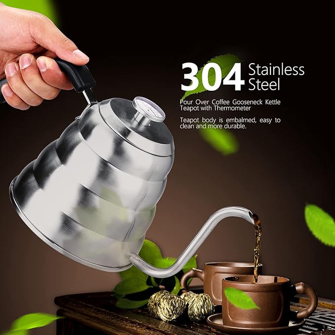 TOPINCN 304 Stainless Steel Pour Over Coffee Gooseneck Kettle Teapot with Thermometer, 1.2L Capacity, Beehive Shaped Design, for Gas, Electric and Induction Stoves (1.2L)