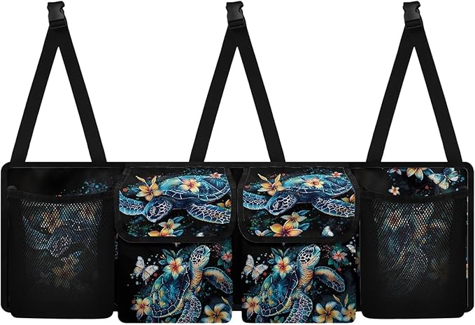 CLOHOMIN Blue Sea Turtle Trunk Organizer for SUV Sedan Auto Hibiscus Car Trunk Organizer Hanging Car Storage Bags Collapsible Cargo Bag with 4 Pockets Car Decor Accessories Gifts