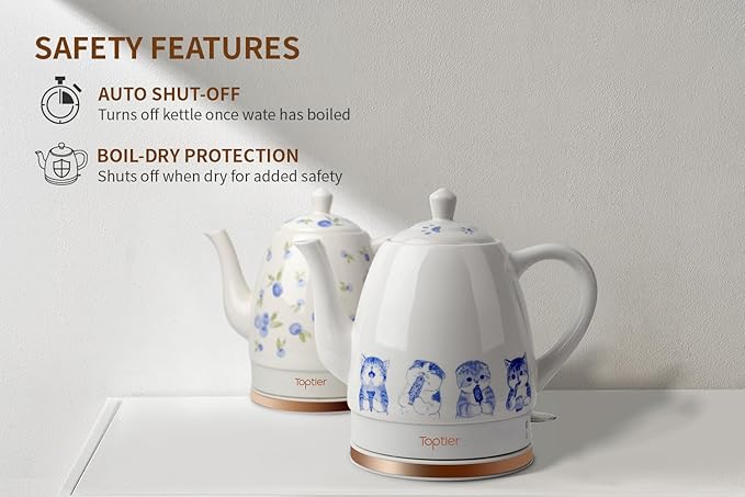 Toptier Electric Ceramic Tea Kettle, Boil Water Quickly and Easily, Detachable Swivel Base & Boil Dry Protection, Carefree Auto Shut Off, 1.5 L, Greedy Cat