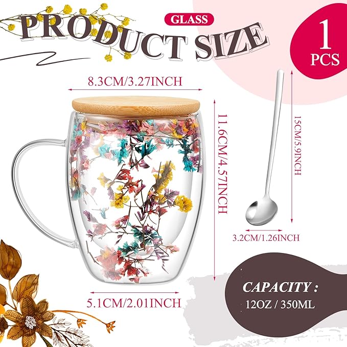 Rtteri 11.8 oz Double Wall Glass Coffee Mug with Bamboo Lid and Spoon Clear Flower Insulated Coffee Mugs with Handle Double Glass Cup Tea Cup for Cappuccino Latte Beverage