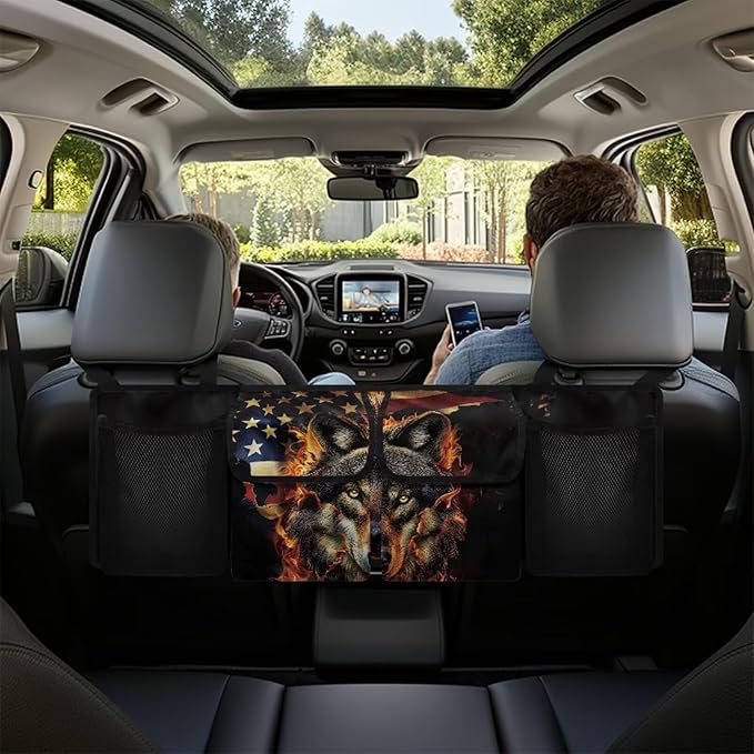 American Flag Wolf Car Trunk Organizer and Storage, Backseat Hanging Organizer for SUV, Truck, Waterproof Cargo Storage Bag with 4 Pockets, Car Interior Accessories for Men Women