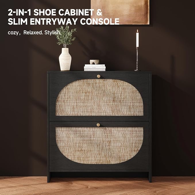 Nicetree Rattan Arched Accent Shoe Cabinet - Freestanding Ultra Slim for Entryway, 2 Flip Drawers & 3-Tier Adjustable Shelves, Farmhouse Modern Rustic Shoe Rack for Hallway Foyer Living Room, Black