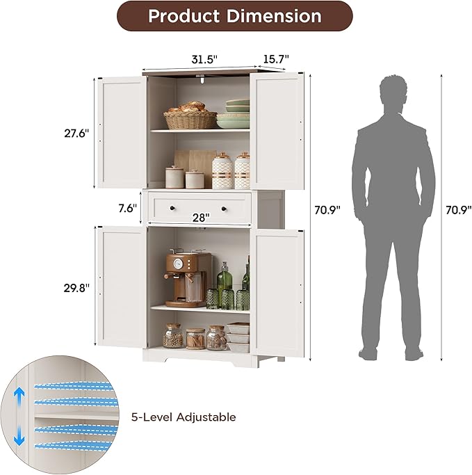 71" Tall Kitchen Pantry Storage Cabinet with Barn Doors and Shelves, White Farmhouse Linen Storage Cabinet With Drawers, Free standing Food Pantry Cabinets for Kitchen, Dining Room, Living Room