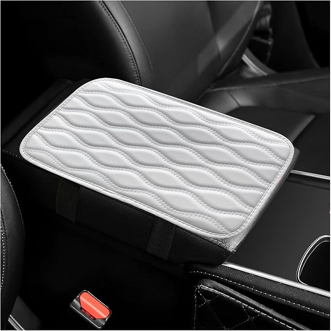 Car Center Console Pad, Waterproof PU Leather Auto Armrest Box Cover, Comfortable Vehicle Arm Rest Protector Cushion Pad for Car SUV, Universal Car Accessories (White)