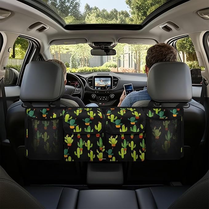 Green Cactus Car Trunk Organizer for SUV Back Seat Hanging Organizer with Elastic Net Collapsible Cargo Storage Bag Car Interior Accessories