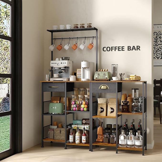 X-cosrack Coffee Bar Stand Station with Storage Drawer, Extended Worktop Coffee Table, Farmhouse Corner Bar Cabinet for Small Spaces, Barkers Rack & Home Bar for Entryway, Living Room