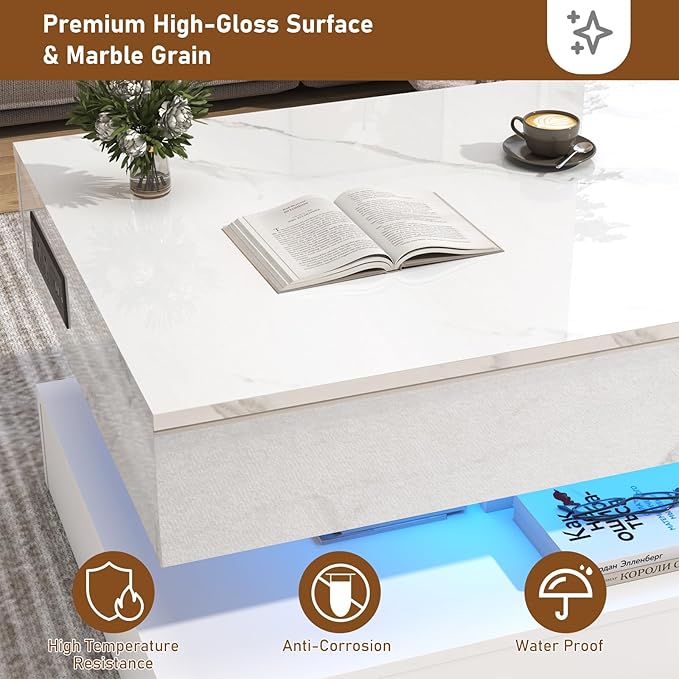 47.2" Large Lift Top Coffee Table, Modern LED High Glossy Coffee Table with Charging Station, Lights, Hidden Compartment Storage, Lift Center Tables for Living Room, Home Office, White