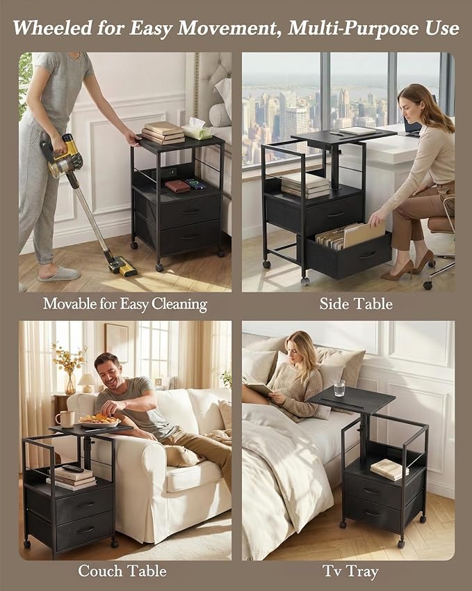 Faesun Swivel Lift Top Nightstand with Charging Station, Rolling Side Table for Recliner, Bedside Table with Wheels & 2 Fabric Drawers, for Small Spaces, for Bedroom, Living Room, Black