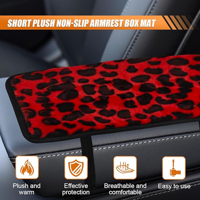 Craedli Leopard Print Car Center Console Cover, Fluffy Soft Car Arm Rest Protective Cushion with Elastic Band, Comfortable Warm Auto Interior Armrest Box Decoration Pad for SUV Truck (Red)