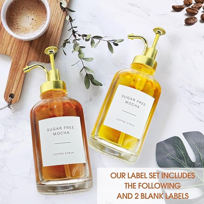 2 Pack 16.9 Oz Coffee Syrup Dispenser for Coffee Bar, 500ml Syrup Pump Dispenser, Glass Syrup Bottle w. Gold Upgraded Pump and 36 Labels, Coffee Bar Accessories Syrup Bottle