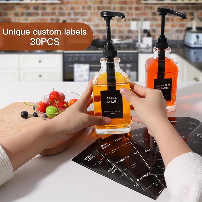 STARSIDE 16 oz Coffee Syrup Dispenser,2 pcs Clear Glass Syrup Bottle with 1/4oz Capacity Pump,Syrup Dispenser for Coffee Bar with Plastic Pump and Syrup Labels
