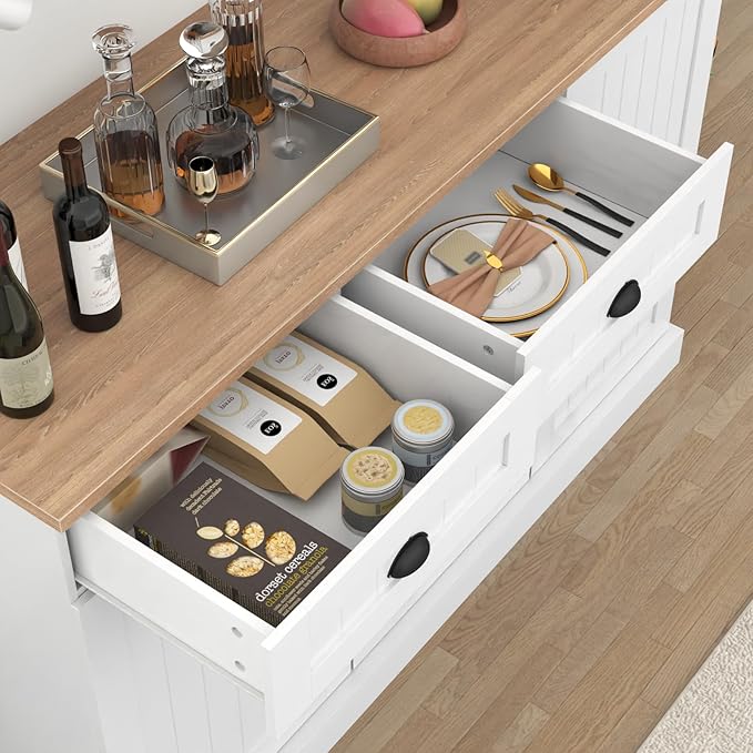 Sideboard Buffet Cabinet with 2 Drawers, Farmhouse Kitchen Pantry with Adjustable Shelves, Coffee Bar Cupboard Cabinet with 3 Doors for Kitchen, Dining Room (White)