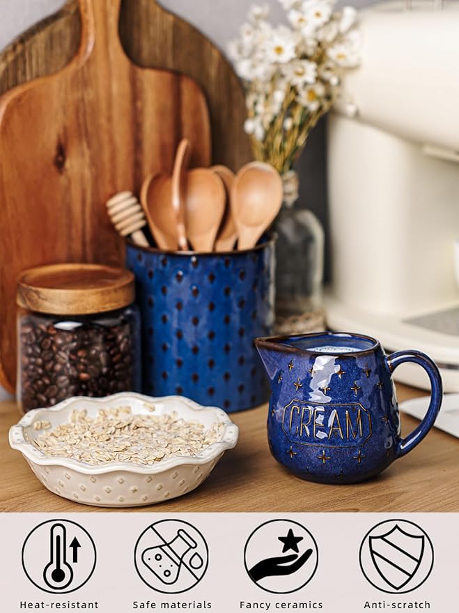 Creamer Pitcher,10 OZ Ceramic Creamer Pitcher with Handle for Milk, Sauces, Salad, Coffee, Farmhouse Kitchen Decor, Microwave & Freezer Safe (Vintage Blue)