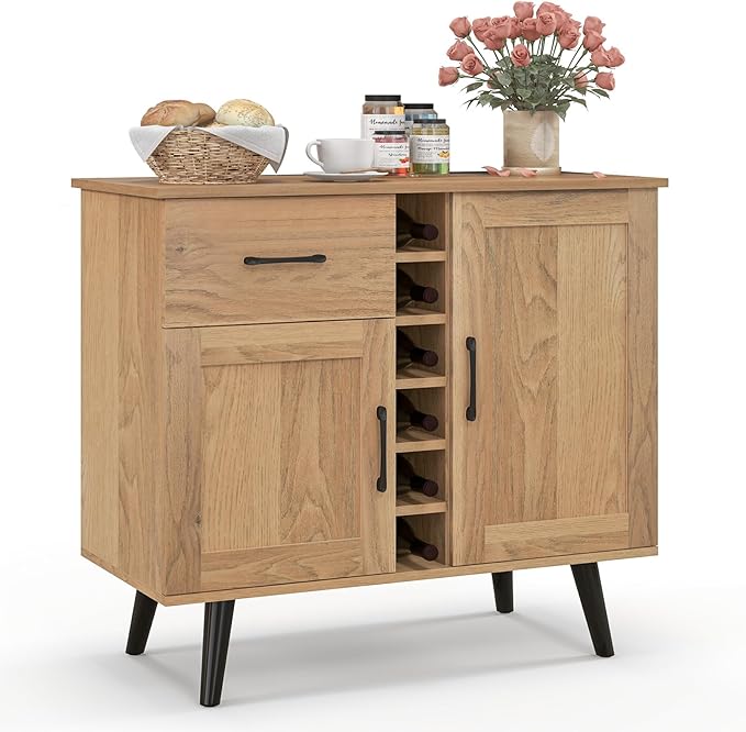 Buffet Cabinet with Storage, Liquor Cabinet w/ 6-Bottle Wine Rack, 1 Drawer & 2 Doors, Wood Buffets & Sideboards, Farmhouse Coffee Bar Table for Kitchen, Dining Living Room, Entryway (Natural)