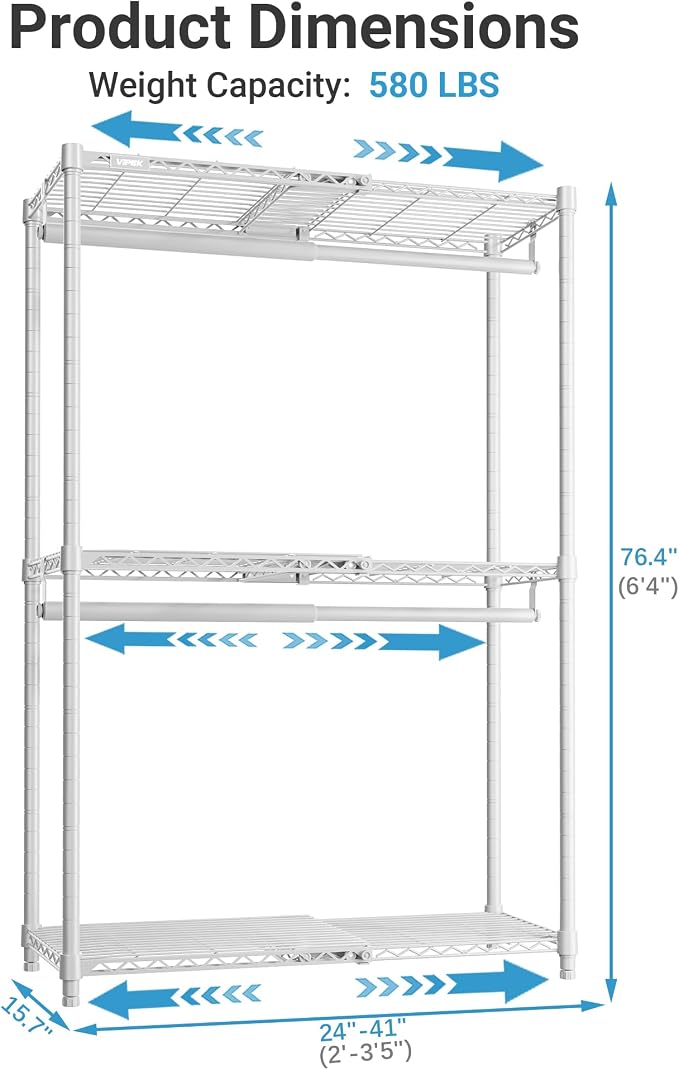 VIPEK X1 Expandable Clothing Rack Heavy Duty Adjustable from 2' to 3'5" with Flexible Shelves and Hanger Rods Metal Garment Portable Closet Rack for Hanging Clothes, White