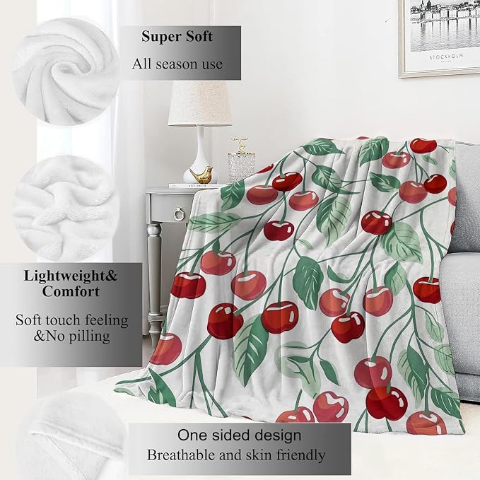 Cherry Blanket Fresh Red Fruit Throw Blankets with Green Leaves,Birthday Gifts for Kids Adult Women,Lightweight Soft Fleece,for Sofa Couch Bed Room Farmhouse Summer Decor 50x60in