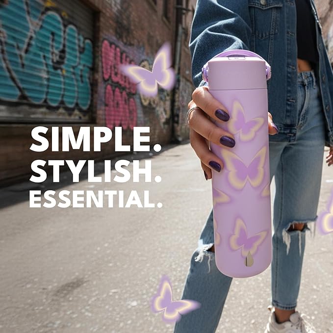 Elemental 24oz Insulated Water Bottle with Straw - 100% Leak-Proof Stainless Steel Core Water Bottles for Travel, Sports and Gym - Double Wall Insulation & BPA Free - Butterfly Kiss