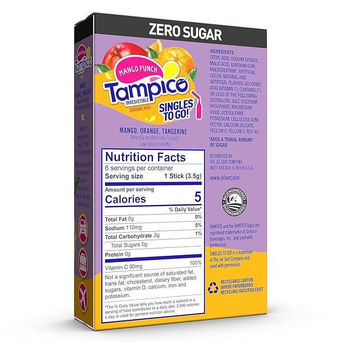 Tampico Singles To Go Drink Mix Packets, Mango Punch, 100% DV of Vitamin C per Serving, Low Calorie, Zero Sugar, Easy to Use, On-The-Go Water Enhancers, 18 Sticks, Pack of 3