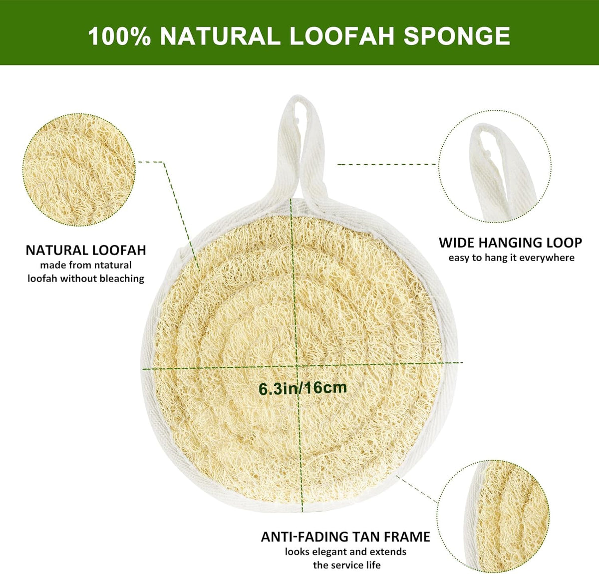 Natural Loofah Dish Sponge Pack of 2, Compostable and Cellulose Kitchen Loofah, Luffa Eco-Friendly Loofah Sponges for Cleaning Kitchen, Bathroom and Household