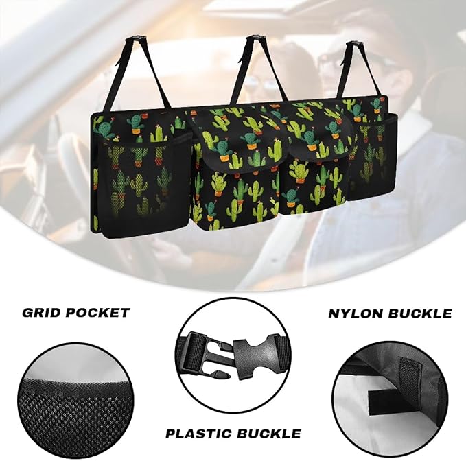 Green Cactus Car Trunk Organizer for SUV Back Seat Hanging Organizer with Elastic Net Collapsible Cargo Storage Bag Car Interior Accessories