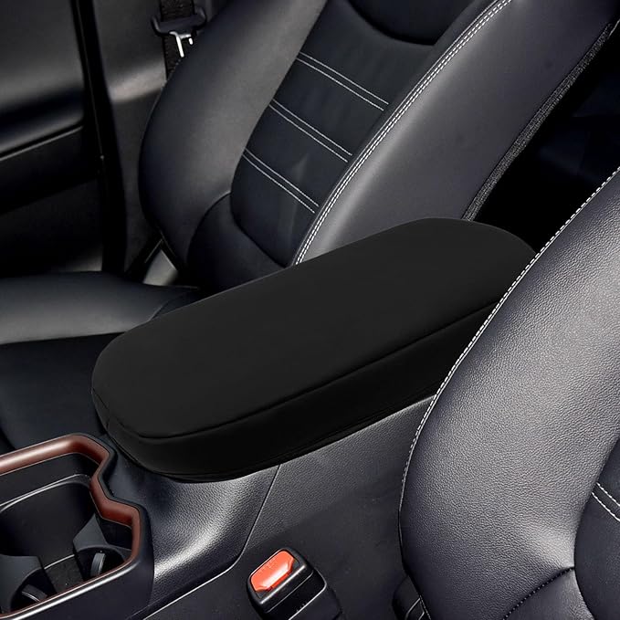 Car Armrest Center Console Covers for Toyota RAV4 Accessories 2026 2025 2024 2019 2020 2021 2022 2023, PU Leather Middle Console Lid Cover Pad Protector(Black with Cushion Flat)