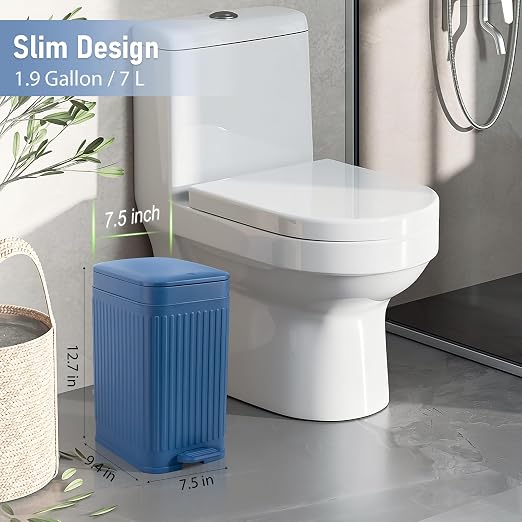 rejomiik Small Bathroom Trash Can with Lid Slim Soft Close Garbage Can Step Wastebasket Container Trash Bin for Office Bedroom Kitchen Living Room 1.9 Gallon, Navy Blue