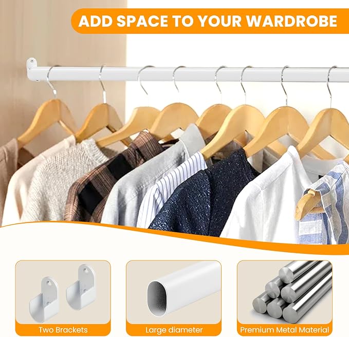 Oval Closet Rod for Hanging Clothes 18 to 52 Inch Adjustable with Snap Fasteners Heavy Duty 1 inch Diameter With End Supports White Poles Bar Closet Rod Expandable for Wardrobes