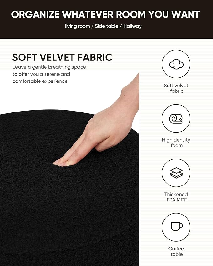 B FSOBEIIALEO Ottoman with Stroage, Round Boucle Storage Ottoman with Gold Plating Base,Foot Rest Stool for Dorm Room, Living Room Black, 14.76"x14.76"x16.34"