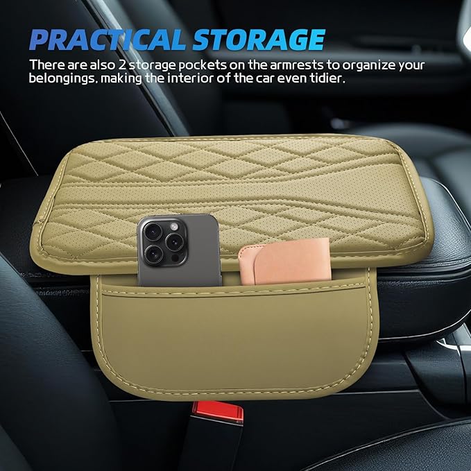 Car Center Console Cover, 11.8"×6.7" Leather Armrest Cover for Cars, Multifunctional Auto Armrest Cushion Pad with Storage Pocket, Universal Arm Rest Protector Car Accessories (Beige)