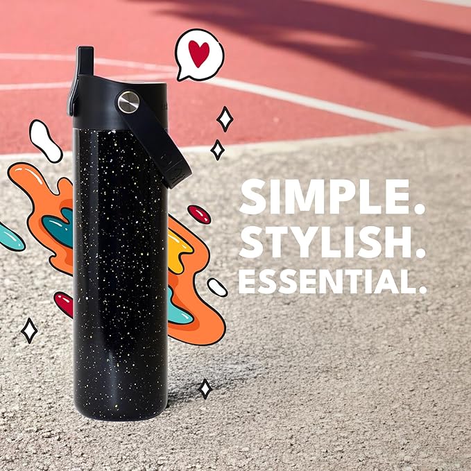 Elemental 24oz Insulated Water Bottle with Straw - 100% Leak-Proof Stainless Steel Core Water Bottles for Travel, Sports and Gym - Double Wall Insulation & BPA Free - Black Speckle