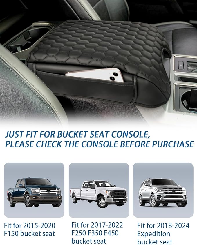 Center Console Cover Compatible with 2015-2020 F150, 2017-2022 F250 F350 F450, 2018-2024 Expedition Bucket Seat Console, 1.2'' Thickened Middle Console Cover with Pockets(Bucket Seat Only)
