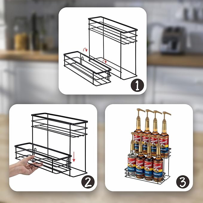 Rice rat Coffee Syrup Organizer Rack, (8 Bottle Capacity),2 Tier Coffee Syrup holder for Coffee Bar Accessories,Kitchen,Storage for Syrup, Wine, Dressing（Black）