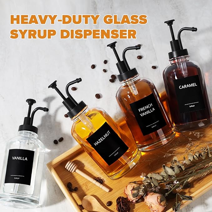 Coffee Bar Accessories, Glass Syrup Dispenser with Pump, 16.9 fl oz/500ml Syrup Bottles for Coffee Bar Organizer, Labels, Spoons,4 Pack