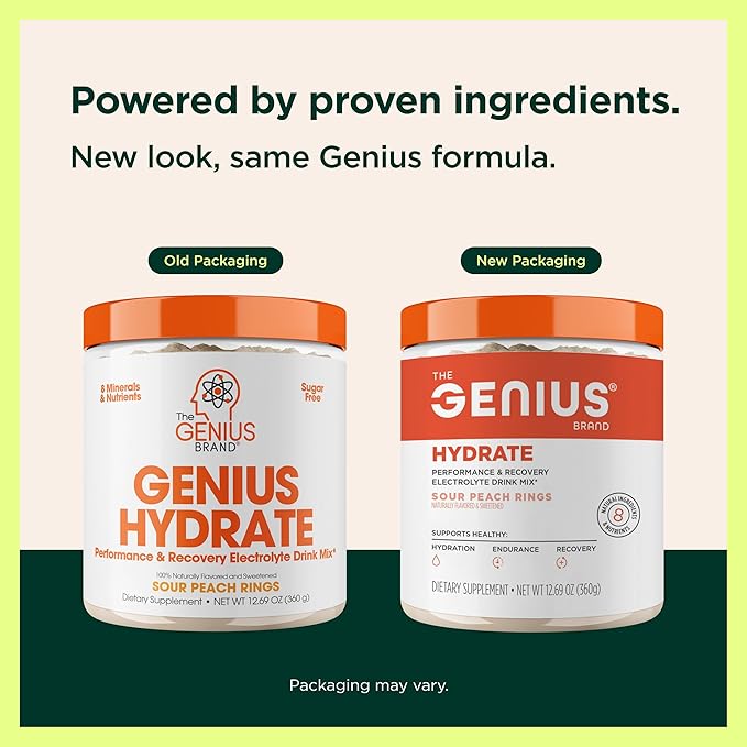 The Genius Brand Genius Hydrate - Electrolyte Supplement for Daily Hydration - Coconut Water - Sugar-Free - 8 Essential Minerals & Nutrients - Non-GMO - Sour Peach Rings - 50 Servings