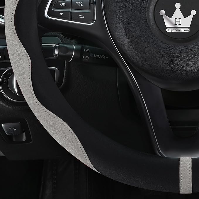 Luxury Suede Steering Wheel Cover for Cars, Soft Leather Padded Wheels Cover for Sedan, SUV, Thin Car Handle Cover, Universal Fit, Anti Slip, 14.75-15.15in, Gray
