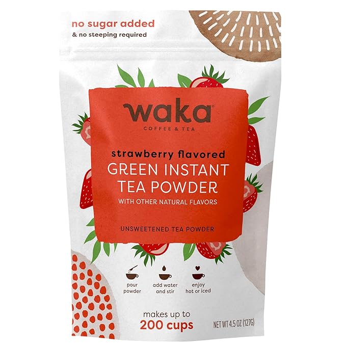Waka Instant Green Tea Mix, Strawberry Flavored - 100% Tea Leaves, No Additives, Unsweetened Tea Powder in Bulk Pouch – Easy Quick Hot and Iced Teas, Up to 200 Cups (4.5oz)