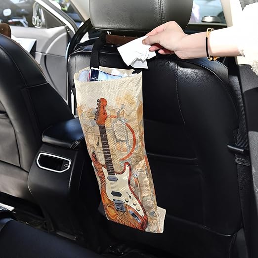 ALAZA Hanging Car Trash Bags Garbage Bag Trash Can for Back Seat Small Guitar Retro Washable Storage Bag Retractable 2 Pack