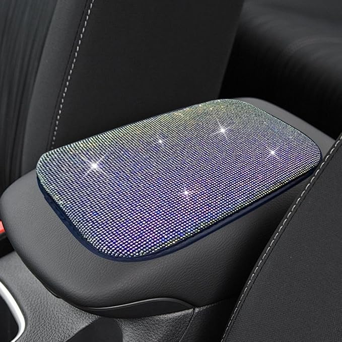 11.9''×8.4'' Bling Car Center Console Cover, Crystal Rhinestone Arm Rest Protective Cushion Pad, Diamond Soft Elbow Pillow, Auto Interior Decoration Accessories for Women Girls (Colorful)