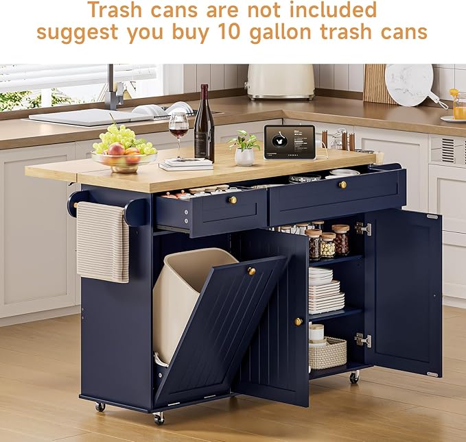ONBRILL 60" Kitchen Island with Power Outlet & Drop Leaf, Mobile Storage Island with Spice Rack & Towel Rack, 4 Levels, Blue