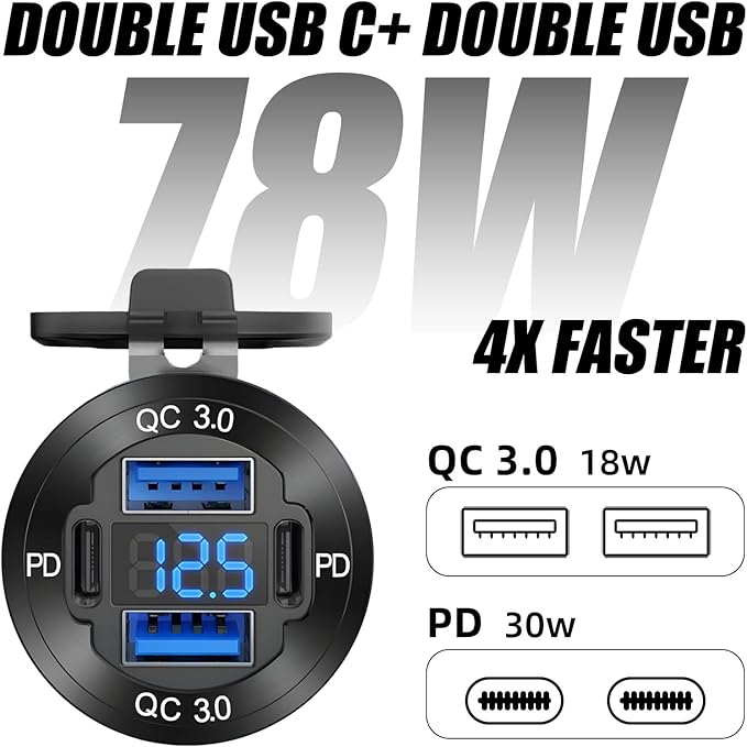 Upgraded 12V USB Charger with 4 Ports - Aluminum Alloy Car Outlet with LED Voltmeter for Cars, Golf Carts, Boats, RVs, Trucks, and Motorcycles (Pack of 1)