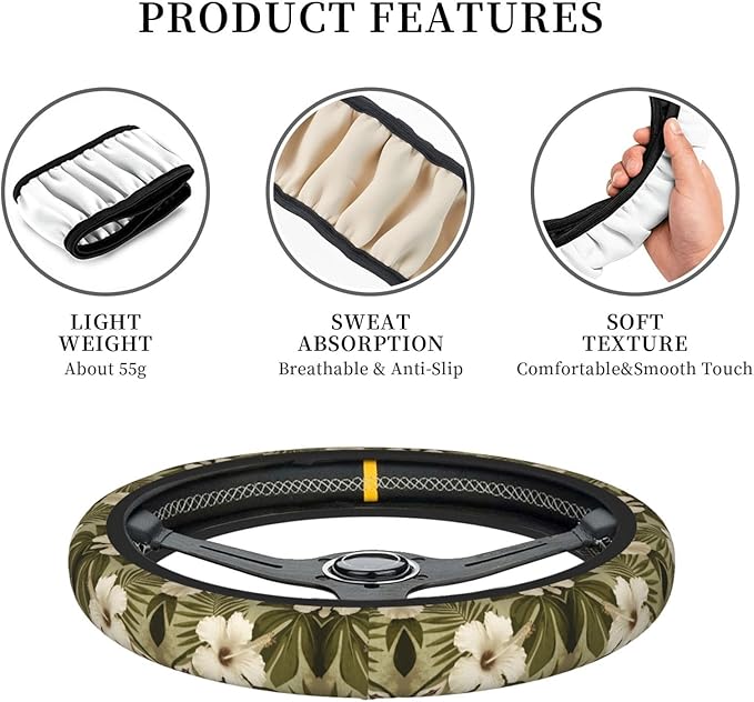 Hawaiian Hibiscuses?Flora Olive Green Car Steering Wheel Cover, 15 Inch Steering Wheel Cover Stylish Decor for Most Cars