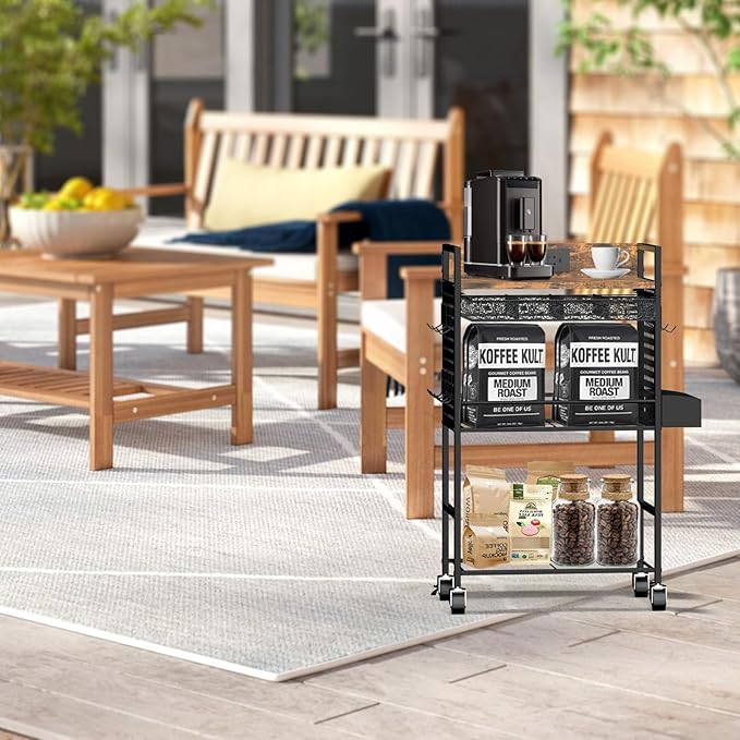 Compact Coffee Bar Cabinet with Power Outlet, Lockable Wheels, and Storage Drawer - Rustic Brown & Black for Office, Living Room, or Small Spaces