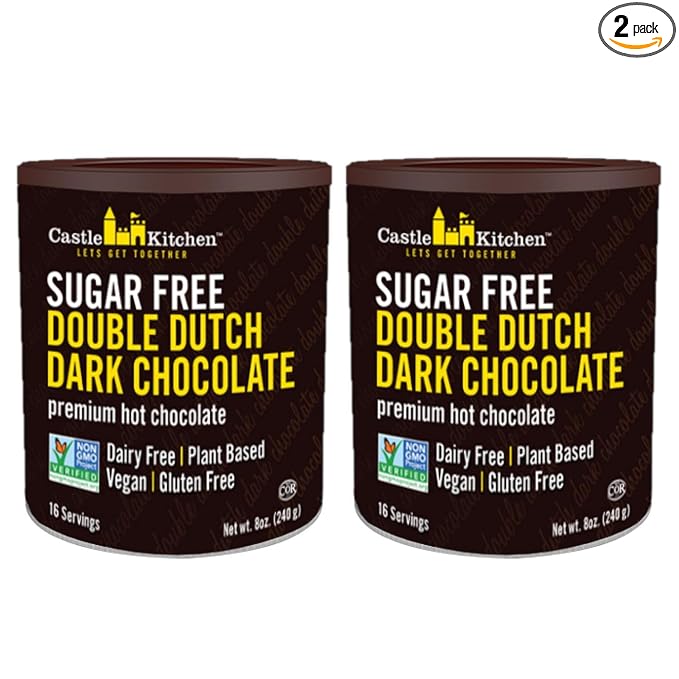 Castle Kitchen Sugar Free Dark Hot Chocolate (2 Pack) Premium Plant Based, Dairy Free, Gluten-Free, Vegan Hot Coca Mix - Just Add Water - 14 oz Can