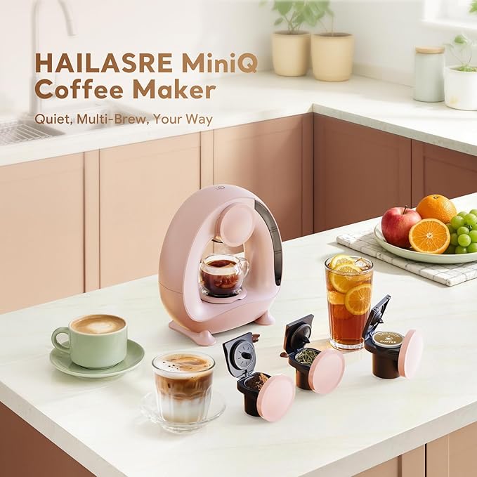 3 in 1 Single Serve Coffee Maker for K Cup Pink, Ground and Tea Leaves, Mini K Cup Coffee Brewer with One Button Operation, 1400W 20s Fast Heating,Compact for Small Spaces-Glass not included