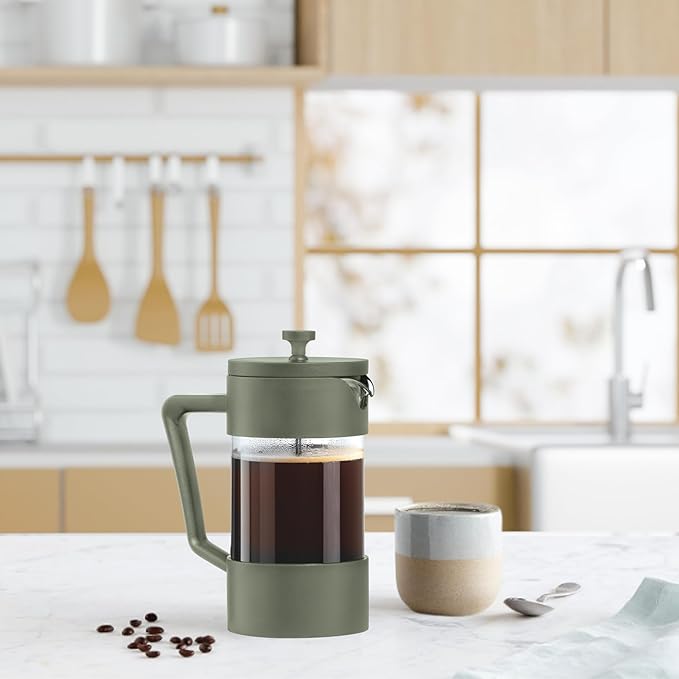 Oggi Borosilicate Glass French Press Coffee Maker - 34oz / 8 Cup Capacity, Coffee Press, Single Serve Coffee Maker, Stainless Steel Lid & Plunger, Make Great Coffee Gifts - Green