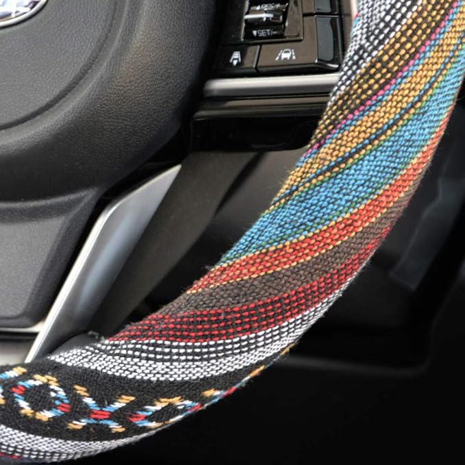 Carbella Woven Boho Bohemian Hippie Saddle Blanket Style Steering Wheel Cover for Women - Fits Most Standard Wheel Sizes 14.5 - 15 inch Woven Style - Aztec / Incan