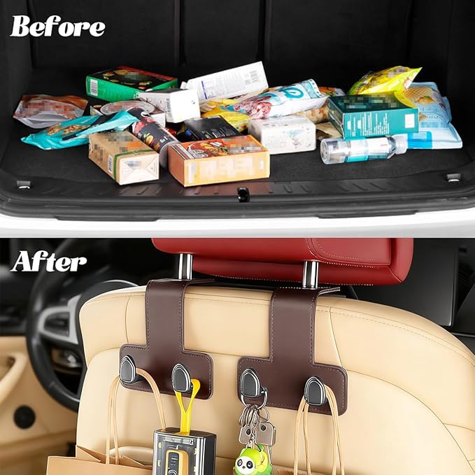 2PCS Car Headrest Hook, Dual Hook Leather Vehicle Back Seat Storage Organizer for Handbag Purse Hat, Multifunction Automotive Seat Back Hanger Holder, Universal for Most Vehicles (Coffee)