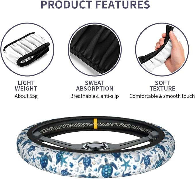 Sea Turtle Steering Wheel Cover Elastic Non-Slip Car Steering Wheel Covers with Seat Belt Shoulder Pad for Women Men