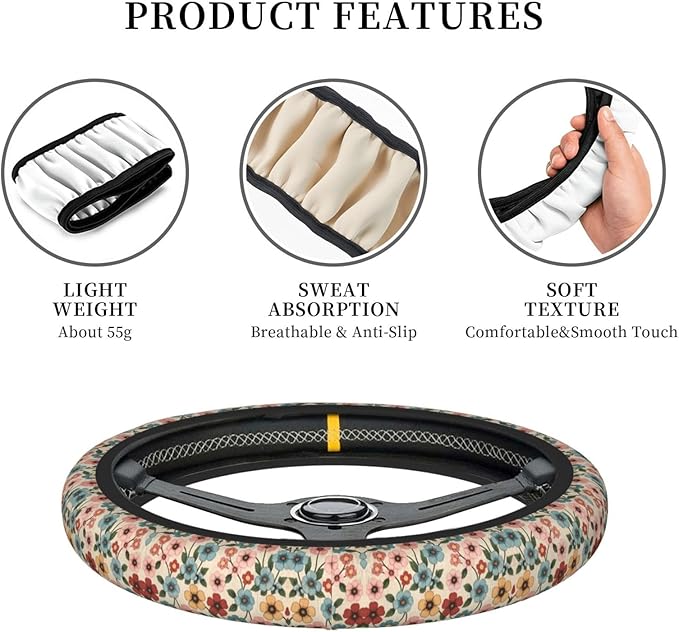 Neoprene Steering Wheel Cover Flowers Asthetic Pattern Car Steering Wheel Cover Universal Fit for Most Cars